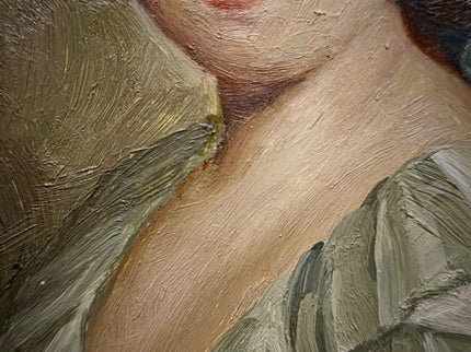 Small Antique French Portrait Painting, Young Woman In Hat, Female Oil Artwork, Gold Frame Wall Art Decor, Gift For Her