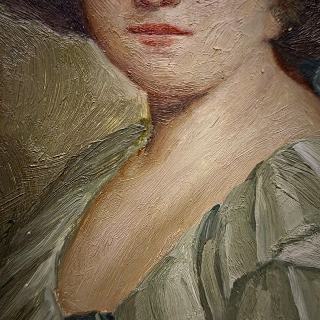 Small Antique French Portrait Painting, Young Woman In Hat, Female Oil Artwork, Gold Frame Wall Art Decor, Gift For Her