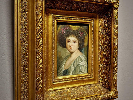 Small Antique French Portrait Painting, Young Woman In Hat, Female Oil Artwork, Gold Frame Wall Art Decor, Gift For Her