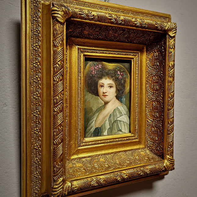 Small Antique French Portrait Painting, Young Woman In Hat, Female Oil Artwork, Gold Frame Wall Art Decor, Gift For Her