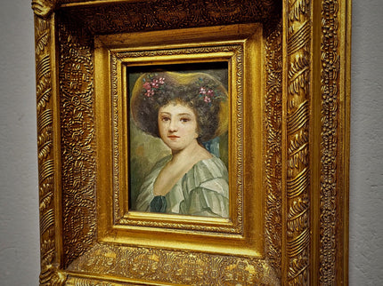 Small Antique French Portrait Painting, Young Woman In Hat, Female Oil Artwork, Gold Frame Wall Art Decor, Gift For Her
