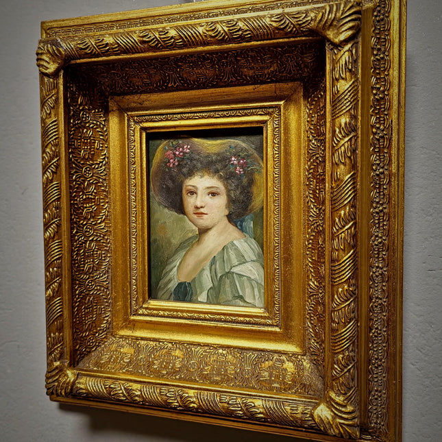 Small Antique French Portrait Painting, Young Woman In Hat, Female Oil Artwork, Gold Frame Wall Art Decor, Gift For Her