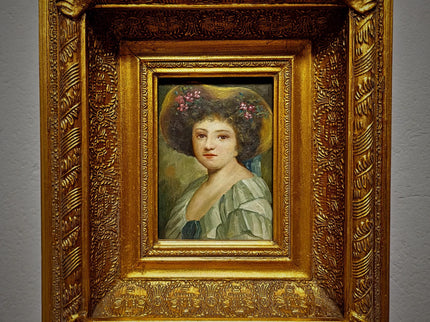 Small Antique French Portrait Painting, Young Woman In Hat, Female Oil Artwork, Gold Frame Wall Art Decor, Gift For Her