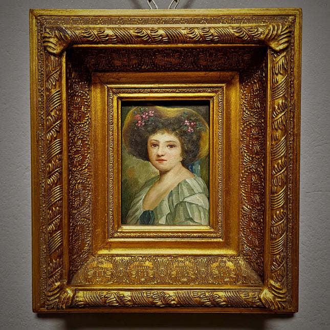Small Antique French Portrait Painting, Young Woman In Hat, Female Oil Artwork, Gold Frame Wall Art Decor, Gift For Her