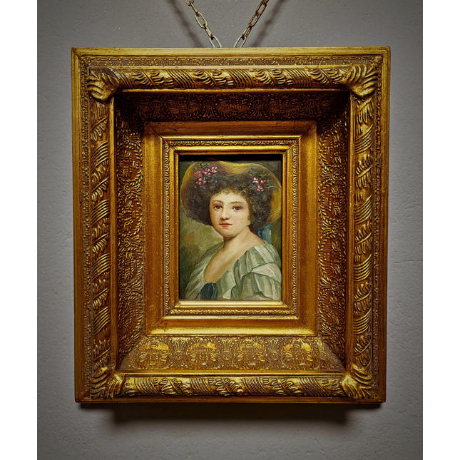 Small Antique French Portrait Painting, Young Woman In Hat, Female Oil Artwork, Gold Frame Wall Art Decor, Gift For Her
