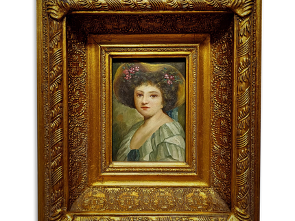Small Antique French Portrait Painting, Young Woman In Hat, Female Oil Artwork, Gold Frame Wall Art Decor, Gift For Her