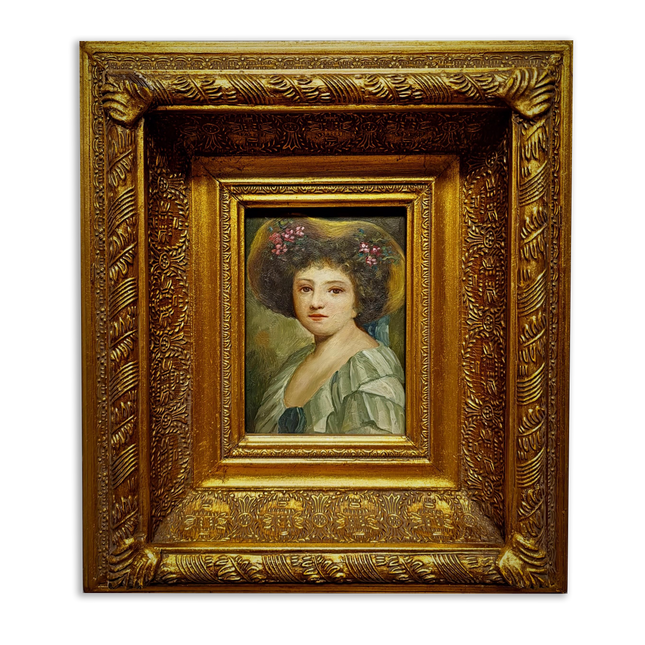 Small Antique French Portrait Painting, Young Woman In Hat, Female Oil Artwork, Gold Frame Wall Art Decor, Gift For Her