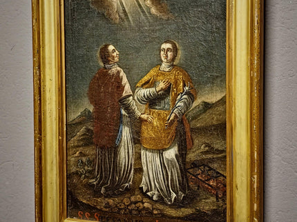 Rare Antique Religious Painting, Saint Stephen And Lawrence, 18th Century Baroque Art, South German Devotional Oil, Folk Catholic Decor