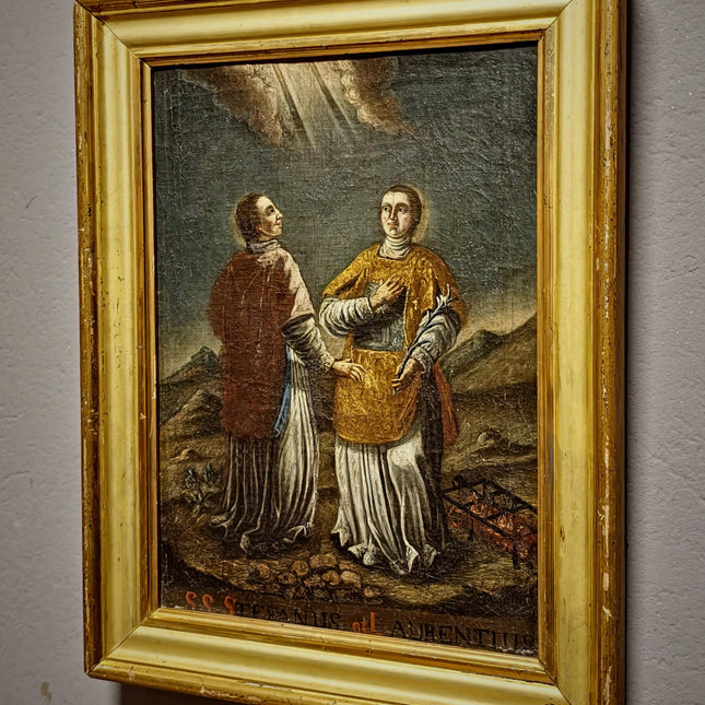 Rare Antique Religious Painting, Saint Stephen And Lawrence, 18th Century Baroque Art, South German Devotional Oil, Folk Catholic Decor