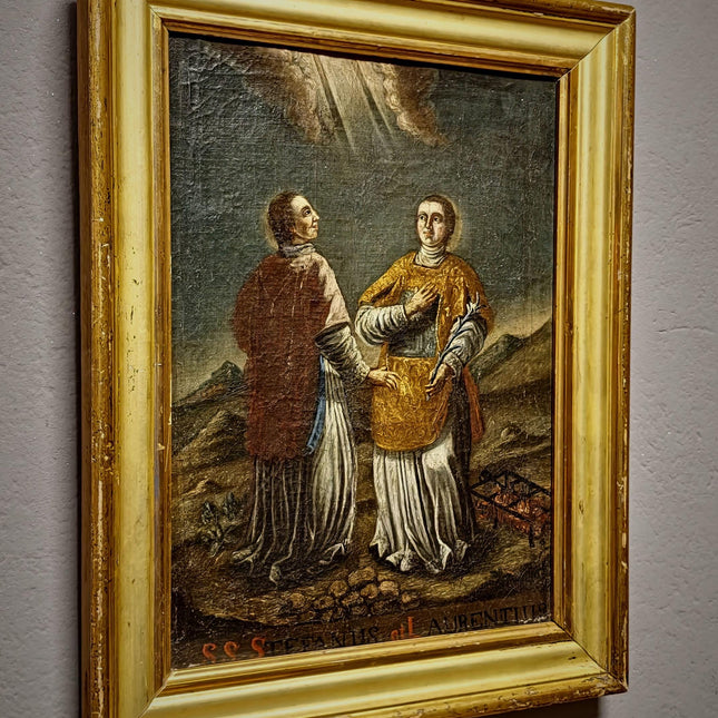Rare Antique Religious Painting, Saint Stephen And Lawrence, 18th Century Baroque Art, South German Devotional Oil, Folk Catholic Decor