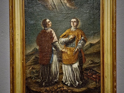 Rare Antique Religious Painting, Saint Stephen And Lawrence, 18th Century Baroque Art, South German Devotional Oil, Folk Catholic Decor