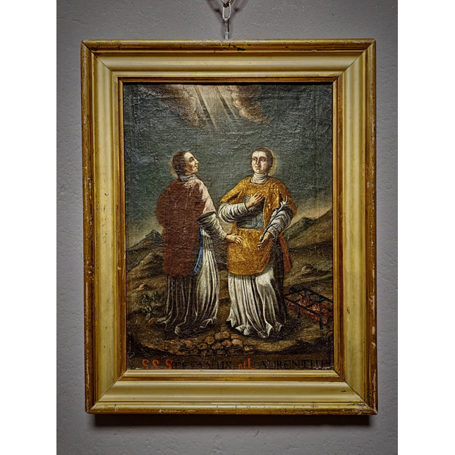 Rare Antique Religious Painting, Saint Stephen And Lawrence, 18th Century Baroque Art, South German Devotional Oil, Folk Catholic Decor