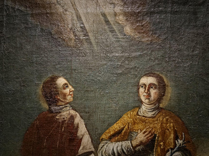 Rare Antique Religious Painting, Saint Stephen And Lawrence, 18th Century Baroque Art, South German Devotional Oil, Folk Catholic Decor