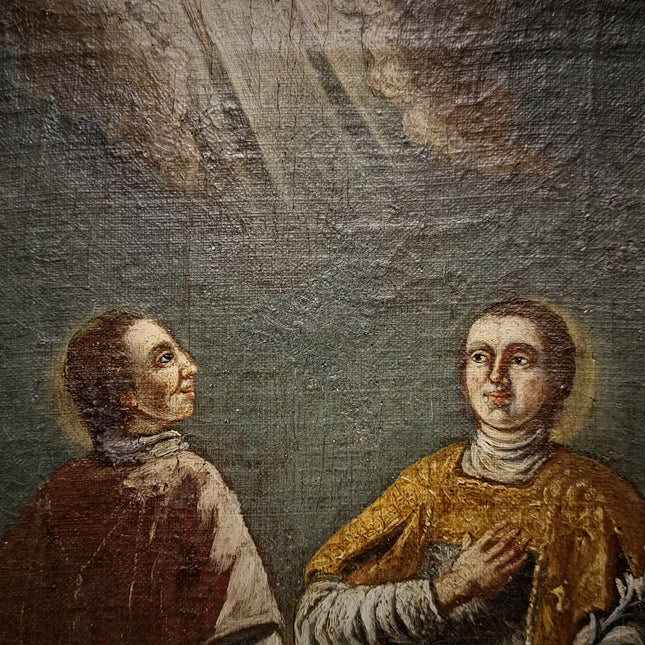 Rare Antique Religious Painting, Saint Stephen And Lawrence, 18th Century Baroque Art, South German Devotional Oil, Folk Catholic Decor