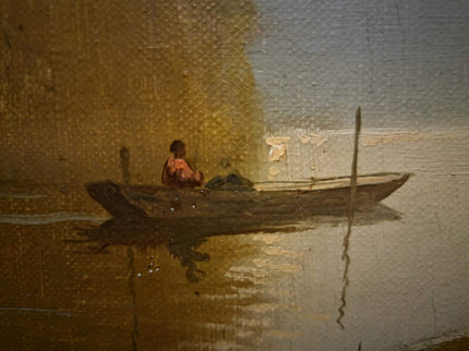 Antique French River Landscape Oil Painting, Signed Boat Scene Artwork, Original 19th Century European Fine Art, Ornate Gold Framed Canvas
