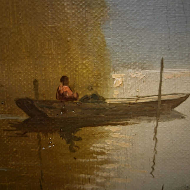 Antique French River Landscape Oil Painting, Signed Boat Scene Artwork, Original 19th Century European Fine Art, Ornate Gold Framed Canvas