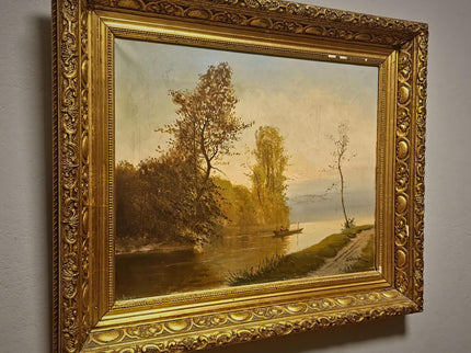Antique French River Landscape Oil Painting, Signed Boat Scene Artwork, Original 19th Century European Fine Art, Ornate Gold Framed Canvas