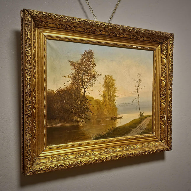 Antique French River Landscape Oil Painting, Signed Boat Scene Artwork, Original 19th Century European Fine Art, Ornate Gold Framed Canvas