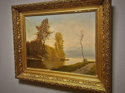 Antique French River Landscape Oil Painting, Signed Boat Scene Artwork, Original 19th Century European Fine Art, Ornate Gold Framed Canvas