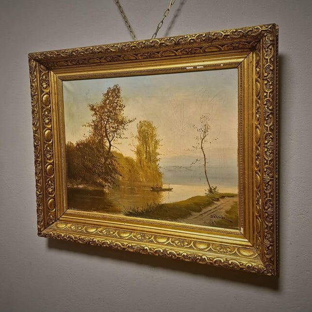 Antique French River Landscape Oil Painting, Signed Boat Scene Artwork, Original 19th Century European Fine Art, Ornate Gold Framed Canvas