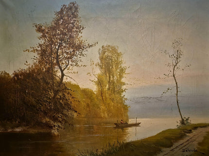 Antique French River Landscape Oil Painting, Signed Boat Scene Artwork, Original 19th Century European Fine Art, Ornate Gold Framed Canvas