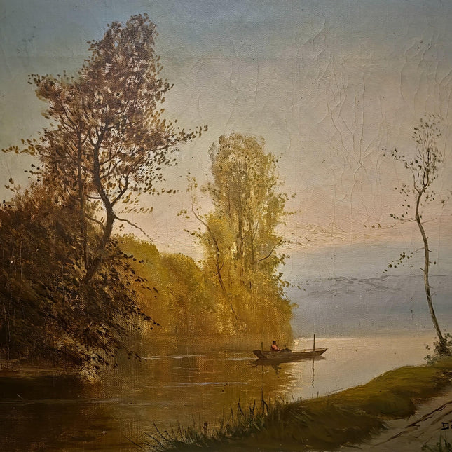 Antique French River Landscape Oil Painting, Signed Boat Scene Artwork, Original 19th Century European Fine Art, Ornate Gold Framed Canvas