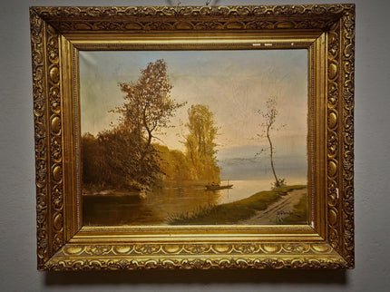 Antique French River Landscape Oil Painting, Signed Boat Scene Artwork, Original 19th Century European Fine Art, Ornate Gold Framed Canvas