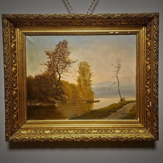 Antique French River Landscape Oil Painting, Signed Boat Scene Artwork, Original 19th Century European Fine Art, Ornate Gold Framed Canvas