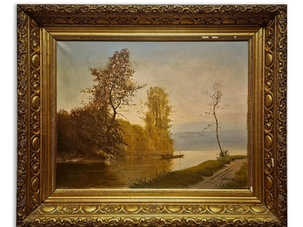 Antique French River Landscape Oil Painting, Signed Boat Scene Artwork, Original 19th Century European Fine Art, Ornate Gold Framed Canvas