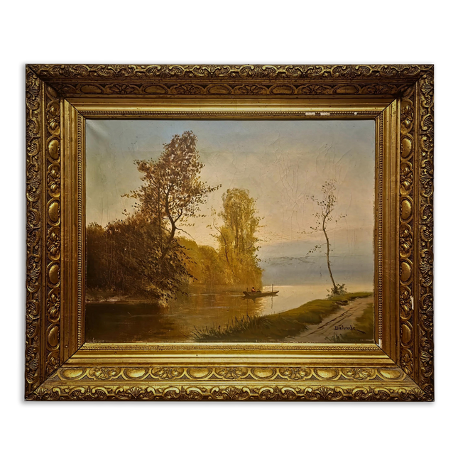 Antique French River Landscape Oil Painting, Signed Boat Scene Artwork, Original 19th Century European Fine Art, Ornate Gold Framed Canvas