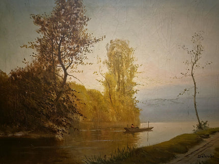 Antique French River Landscape Oil Painting, Signed Boat Scene Artwork, Original 19th Century European Fine Art, Ornate Gold Framed Canvas
