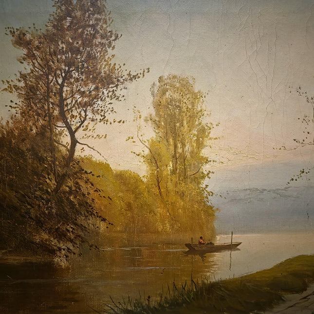 Antique French River Landscape Oil Painting, Signed Boat Scene Artwork, Original 19th Century European Fine Art, Ornate Gold Framed Canvas