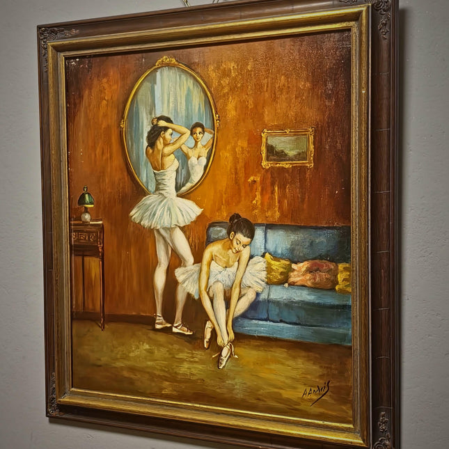 Vintage French Ballerina Oil Painting, Ballet Scene Artwork, Original Framed Canvas, Dancer Wall Art, Dressing Room Decor, Feminine Interior