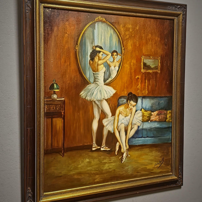 Vintage French Ballerina Oil Painting, Ballet Scene Artwork, Original Framed Canvas, Dancer Wall Art, Dressing Room Decor, Feminine Interior