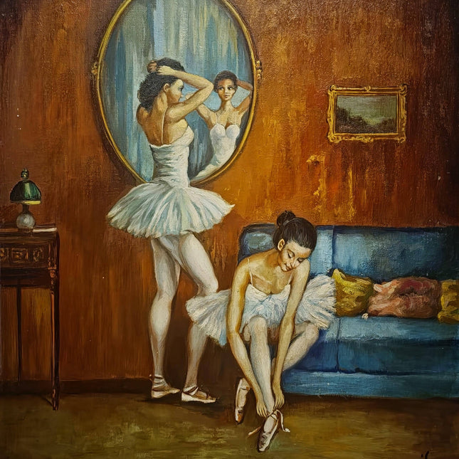 Vintage French Ballerina Oil Painting, Ballet Scene Artwork, Original Framed Canvas, Dancer Wall Art, Dressing Room Decor, Feminine Interior