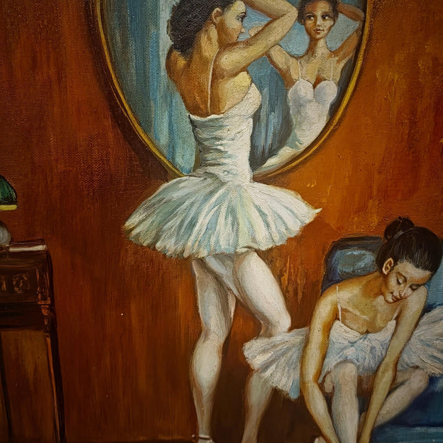 Vintage French Ballerina Oil Painting, Ballet Scene Artwork, Original Framed Canvas, Dancer Wall Art, Dressing Room Decor, Feminine Interior
