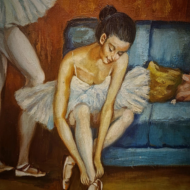 Vintage French Ballerina Oil Painting, Ballet Scene Artwork, Original Framed Canvas, Dancer Wall Art, Dressing Room Decor, Feminine Interior