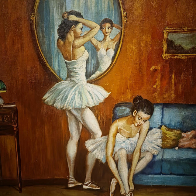 Vintage French Ballerina Oil Painting, Ballet Scene Artwork, Original Framed Canvas, Dancer Wall Art, Dressing Room Decor, Feminine Interior
