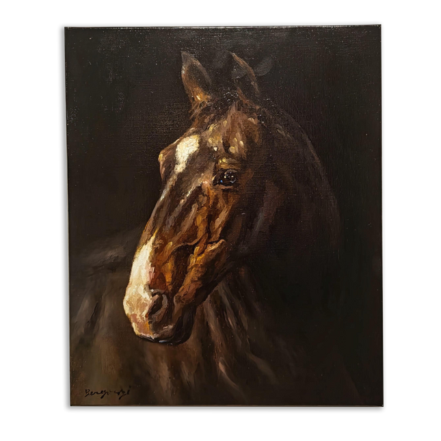 Vintage Italian Horse Portrait Oil Painting, Signed Equestrian Artwork, Equine Wall Art, Masculine Office Decor, Farmhouse Stable Gift