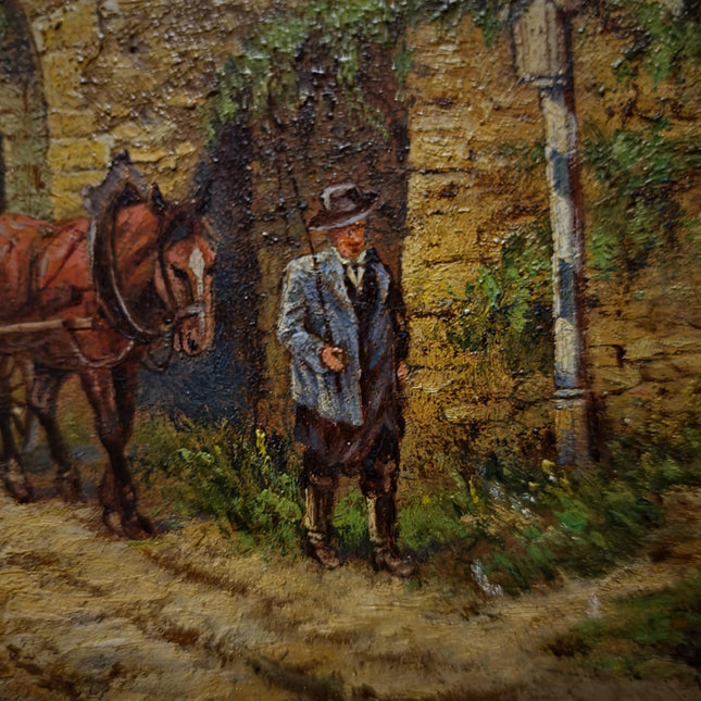 Antique German Landscape Oil Painting, Original Signed Artwork, Horse Carriage City Gate Scene, Gold Framed Wall Art, European Vintage Decor