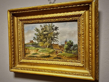 Antique German Oil Painting Rural Landscape with Figures, Original 19th Century Pastoral Scene Artwork, Gold Framed Wall Art Farmhouse Decor