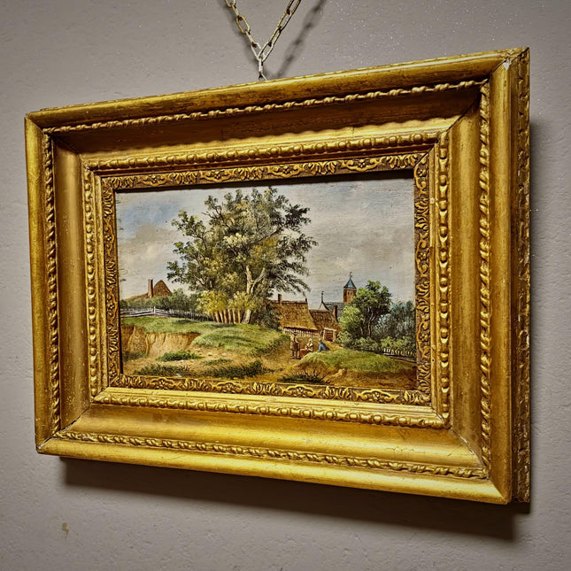 Antique German Oil Painting Rural Landscape with Figures, Original 19th Century Pastoral Scene Artwork, Gold Framed Wall Art Farmhouse Decor