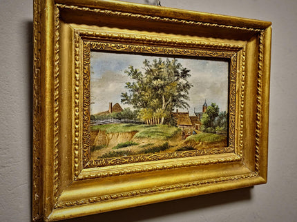 Antique German Oil Painting Rural Landscape with Figures, Original 19th Century Pastoral Scene Artwork, Gold Framed Wall Art Farmhouse Decor
