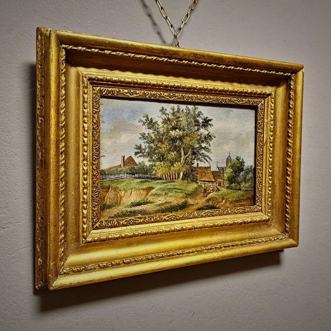 Antique German Oil Painting Rural Landscape with Figures, Original 19th Century Pastoral Scene Artwork, Gold Framed Wall Art Farmhouse Decor