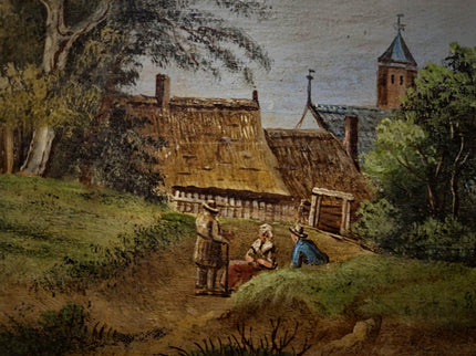 Antique German Oil Painting Rural Landscape with Figures, Original 19th Century Pastoral Scene Artwork, Gold Framed Wall Art Farmhouse Decor