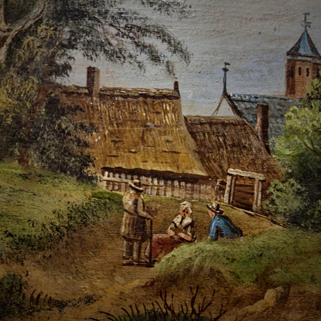 Antique German Oil Painting Rural Landscape with Figures, Original 19th Century Pastoral Scene Artwork, Gold Framed Wall Art Farmhouse Decor