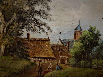 Antique German Oil Painting Rural Landscape with Figures, Original 19th Century Pastoral Scene Artwork, Gold Framed Wall Art Farmhouse Decor