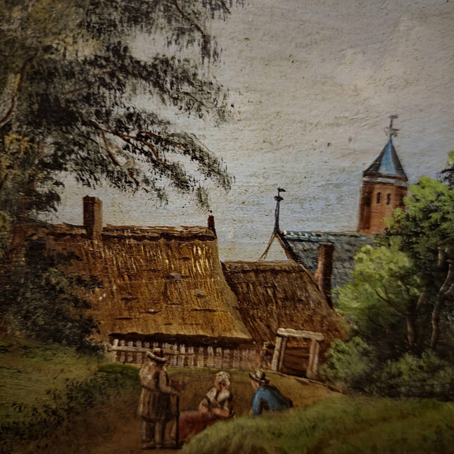 Antique German Oil Painting Rural Landscape with Figures, Original 19th Century Pastoral Scene Artwork, Gold Framed Wall Art Farmhouse Decor