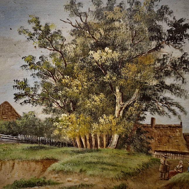 Antique German Oil Painting Rural Landscape with Figures, Original 19th Century Pastoral Scene Artwork, Gold Framed Wall Art Farmhouse Decor