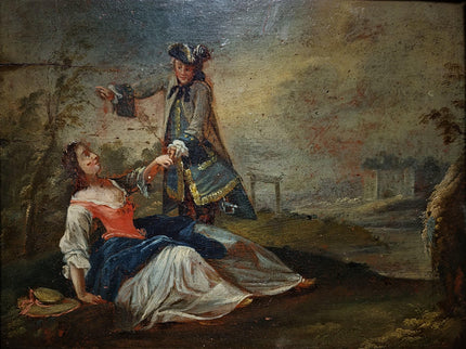 Antique German Baroque Oil Painting, 18th Century Romantic Couple Scene, Genre Artwork, Gold Framed Wall Art, Old Master Style Decor